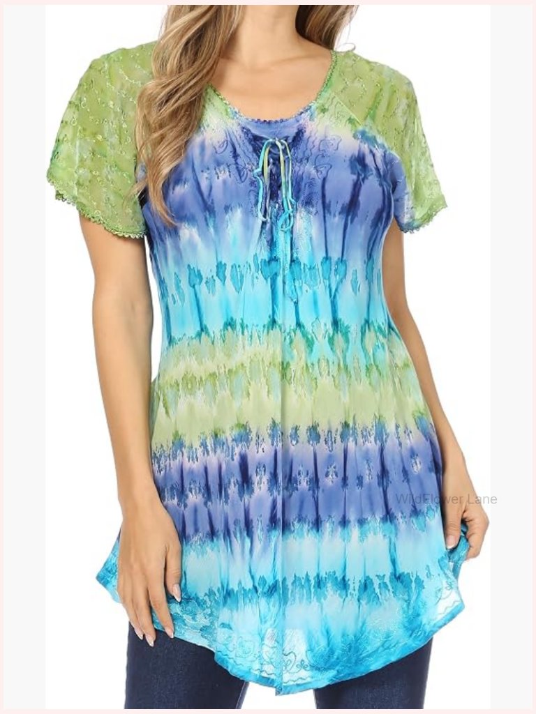 Long Tall Tie Dye Ombre Embroidered Cap Sleeve Blouse Shirt Top